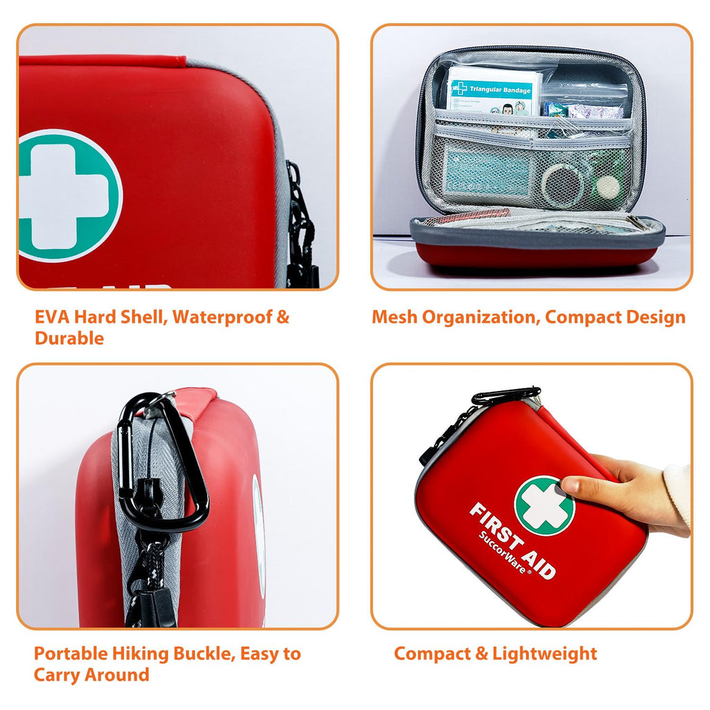 SuccorWare 150 Pieces Mini First Aid Kit - Small Medical Kit with Hard Shell - Emergency First Aid Kit for Car, Travel, Home, Outdoor, Office, Camping, Hiking (Red)