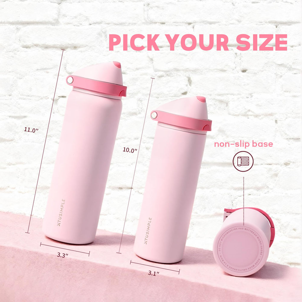 Xtusimple 24 oz Insulated Water Bottle with Straw, Stainless Steel Water Bottle with 2-in-1 Push-Button Spout & Quick-Flip Straw, Fits Car Cupholder, Leakproof, for Gym, Travel, School, Camping, Pink