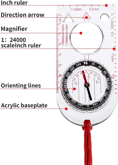 Gejoy Orienteering Compass Set - 6 Pieces with Declination, Magnifier & Ruler for Hiking & Navigation