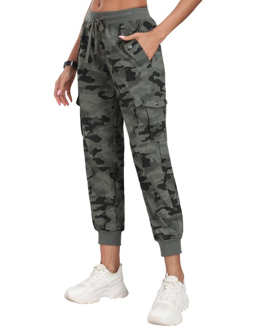 MoFiz Women Cargo Hiking Pants with Pocket Joggers Lightweight Quick Dry Elastic Waist Outdoor Athletic Running Sweatpants Casual Travel Pant Camouflage Green M