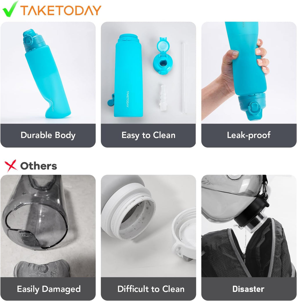 TakeToday Collapsible Water Bottle - 32oz Foldable, BPA-Free & Leakproof for Travel & Hiking