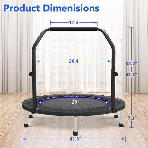 HYD-Parts Mini Trampoline for Adults & Kids - Adjustable Bar, Indoor Fitness Rebounder | Max Load 440lbs