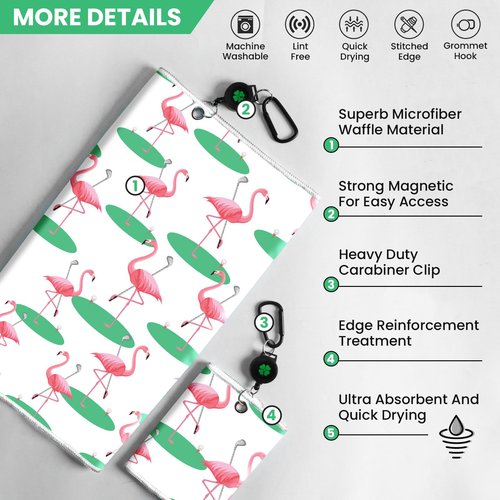 GKandi Golf Towels for Golf Bags Value 2 Pack 21"x16" and 12"x8" Set with Strong Magnetic Retractable Carabiner Microfiber Waffle Pattern Towel Lightweight Absorbent Gift for Women Ladies (Flamingo)
