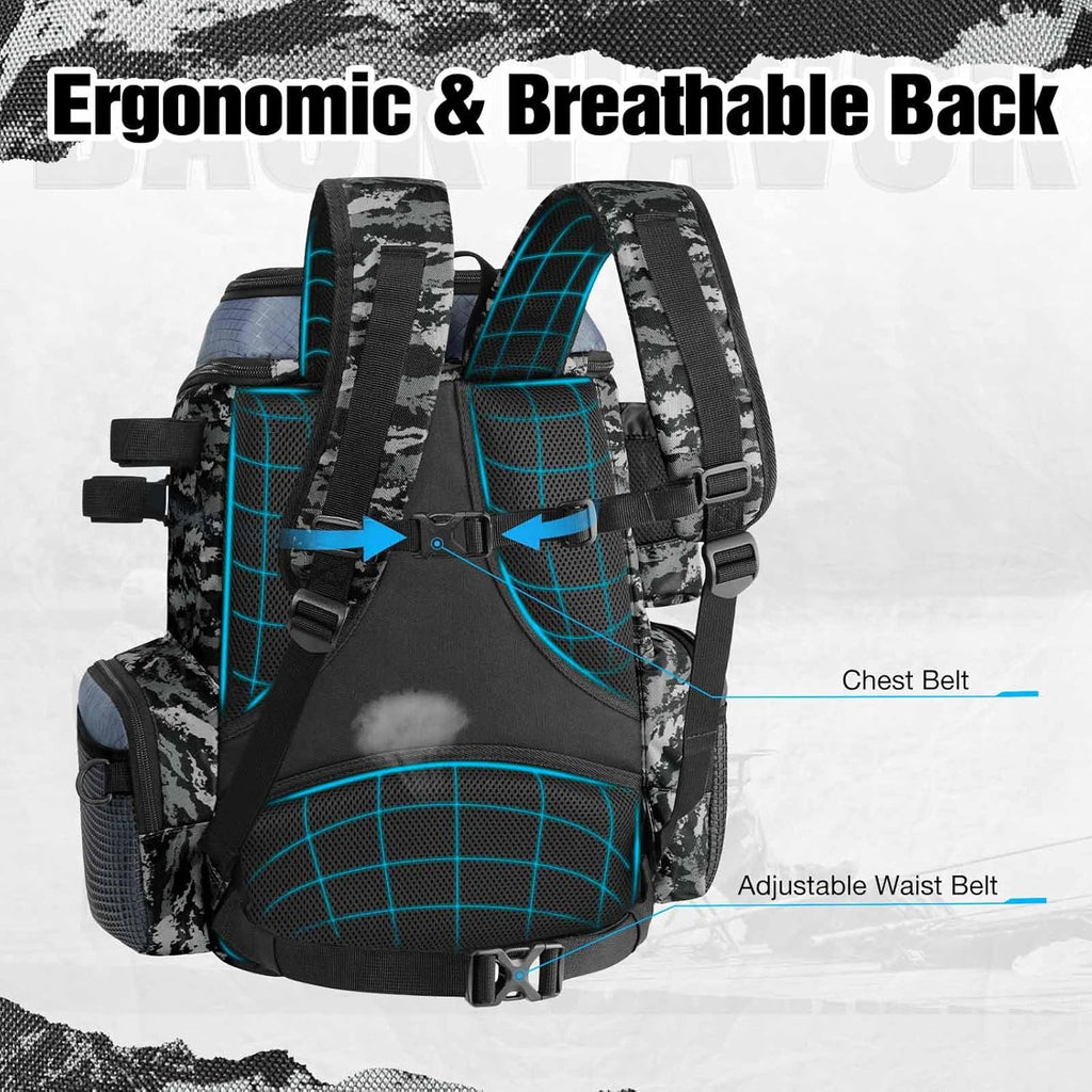 Piscifun Fishing Tackle Backpack - 42L Waterproof Bag with Rod Holders & 4 Tackle Boxes
