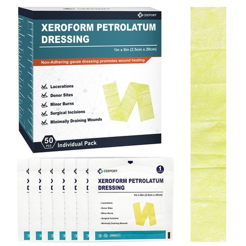 Ceeport Medical Xeroform Petrolatum Dressing 1"x8", 50 Individual Pack, Non-Adherent Gauze Pad Strip, Fine Mesh Gauze Patch Supplies for Wound Care, Burns, Lacerations, & Skin Grafts