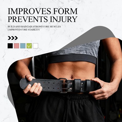Leather Weightlifting Belt, 10 Adjustable Holes, 4”Width, Double Prong Power Belt for Gym Bodybuilding, weightlifting, powerlifting, squats and deadlifts (Neon Green, M (30"-33"))