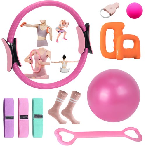 FJFQXY Home Pilates Kit for Women, Pilates Equipment Ring Set with Magic Circle, Body Tape Measure, D Grip Dumbbells, Pilates Ball, Massage Ball, Yoga Socks and Resistance Bands