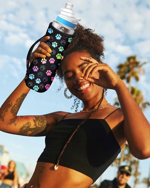 Toykee Water Bottle Sleeve for Cirkul 22 oz - 2 Pack Bottles Cover Holder Carrier Bag with Side Handle Colorful Paw Leopard