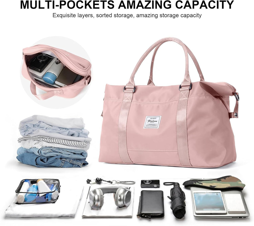Skiennix Travel Duffel Bag - Stylish Weekender with Wet Pocket & Toiletry Bag | Large Pink