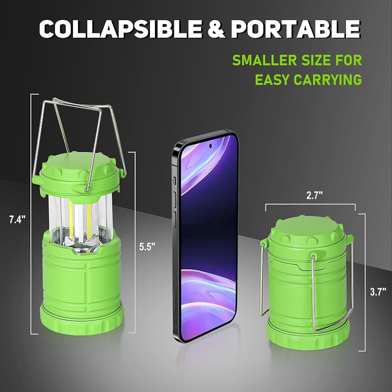 4-Pack Mini LED Green Camping Lanterns - 250 Lumen, 360° COB Light, ABS Portable & Collapsible (Variation: 4)