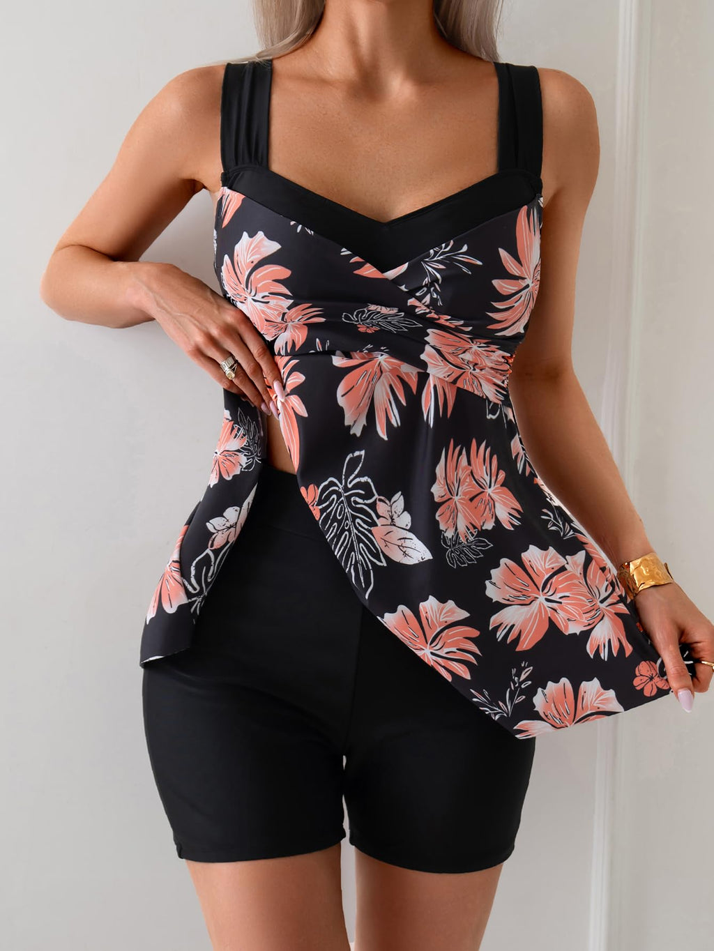 B2prity Tankini Swimsuits for Women Tummy Control Two Piece Modest Bathing Suits Floral Skirt Top with Boyshorts