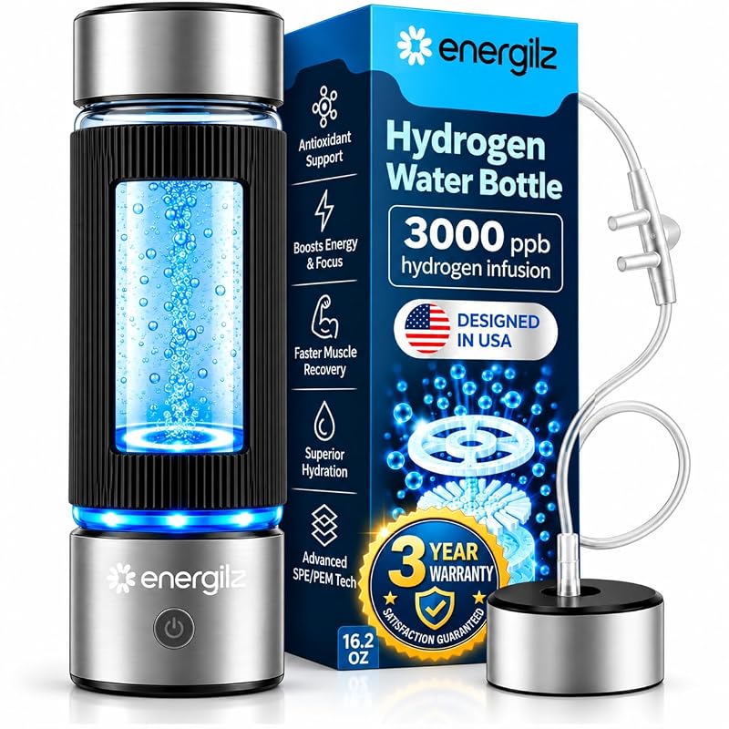 Hydrogen Water Bottle 16.2 oz with SPE/PEM Technology – Steel w/ Black, 3000 ppb Hydrogen Generator