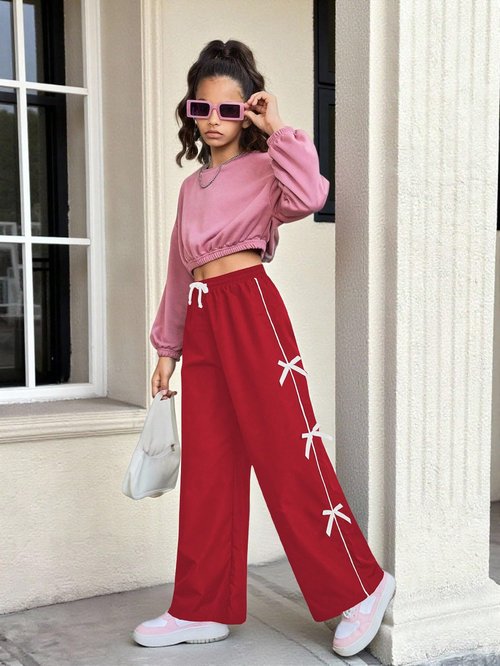 WDIRARA Toddler Girl's Bow Side Waist Track Pants Cute Wide Leg Trousers Red 11Y