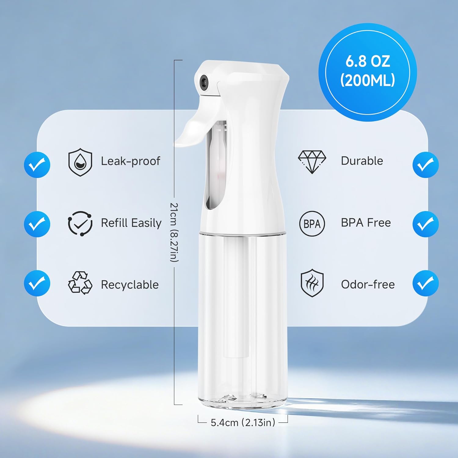 Skiennix Continuous Spray Bottles - Ultra Fine Mist Refillable Sprayer for Hair, Plants & Cleaning | 6.8 OZ/200ML, White