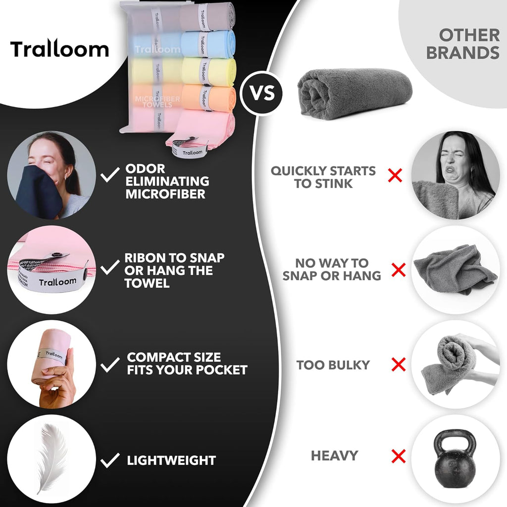 Trailoom Microfiber Workout Towels - Quick-Dry, Highly Absorbent & Odor-Free - Set of 5 Pastel Gym Towels for Yoga, Tennis, Running & More