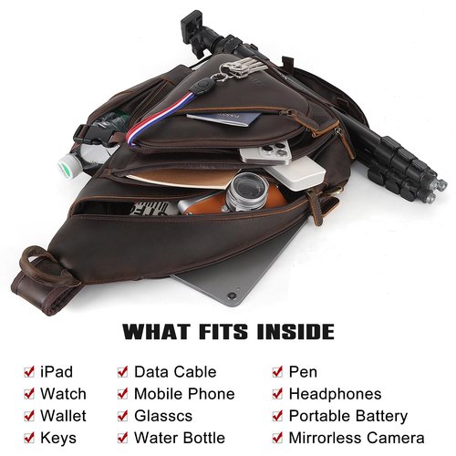 TIDING Full Grain Leather Sling Chest Bag for Men Large Crossbody Shoulder Bag Casual Hiking Daypack Fits 11" Tablet
