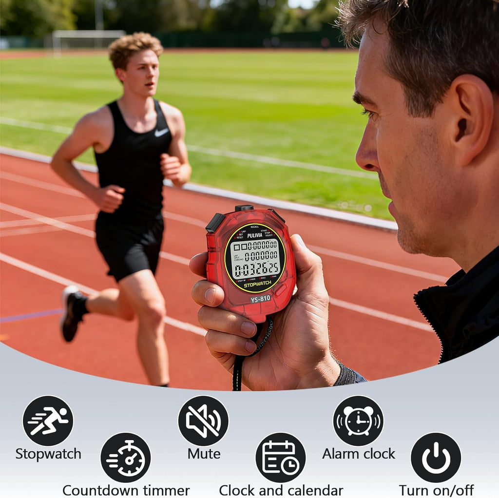 Skiennix Stopwatch Timer - Digital Sports Stopwatch with 10 Splits/Laps & Large Display | Red