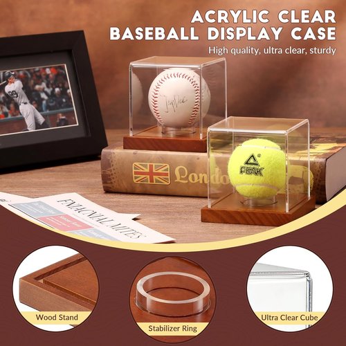 JupDec Baseball Display Case - Clear Cube Holder with Wooden Base for Autographed Balls | Acacia Wood, Brown