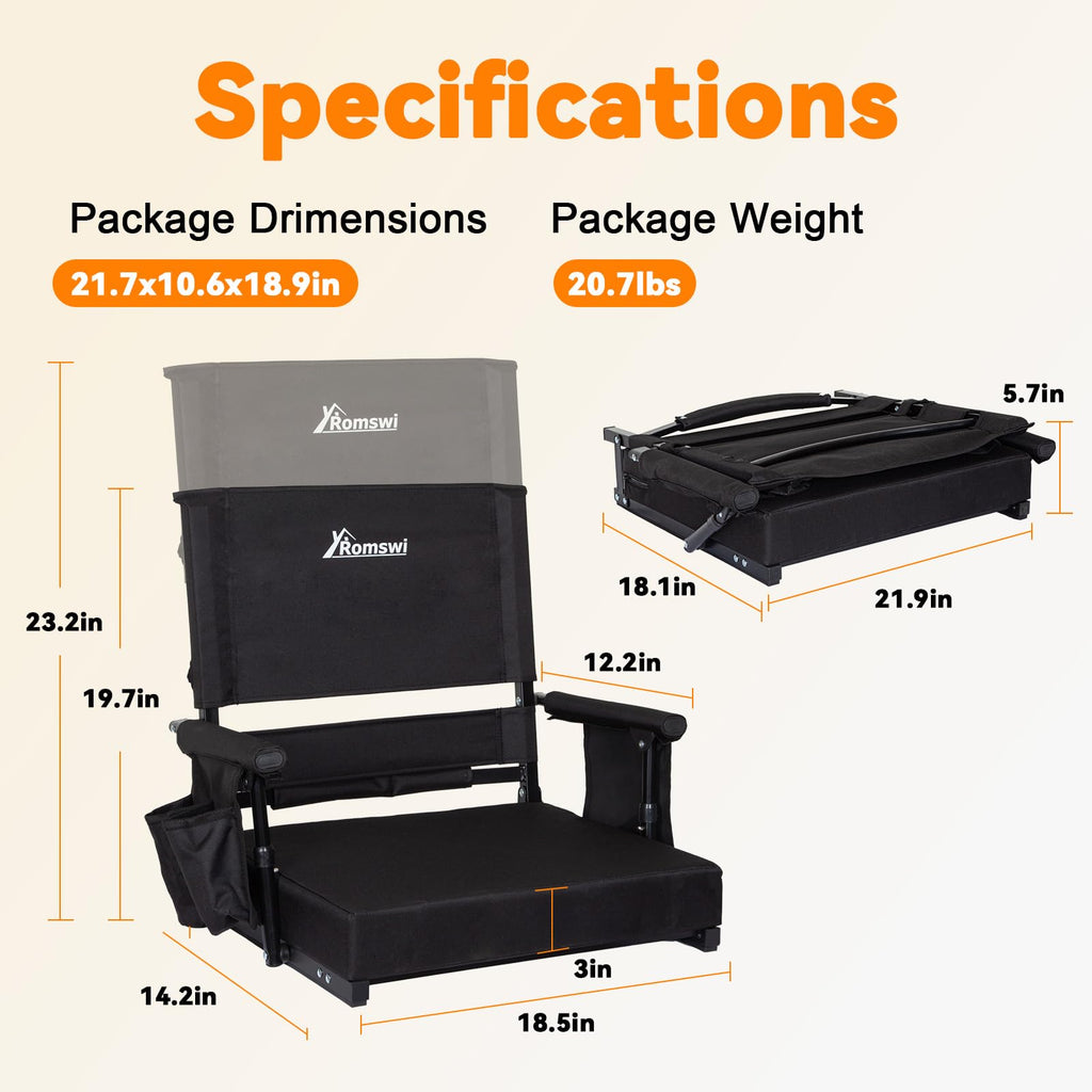 Romswi 2-Pack Stadium Seat with Height Adjustable High Back & Lumbar Support, 3" Thick Bleacher Chairs with 2 Height Adjustments, Armrests & Cup Holders, Comfortable & Portable, Black