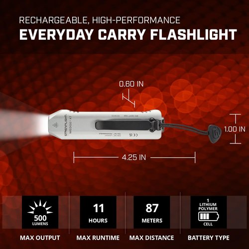 Streamlight 88819 Wedge XT 500-Lumen 1,900-Candela Flat Everyday Carry Flashlight, Includes USB-Cable and Pocket Lanyard, Silver