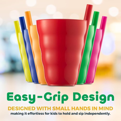 JoyServe Kids Cups - (Set of 6) - 10oz Toddler Cups with Straws for Kids - Stackable BPA-Free Plastic Sip-A-Cup Drink Tumblers for Water, Juice, Milk - Dishwasher Safe, Everyday Use, Neon Colors
