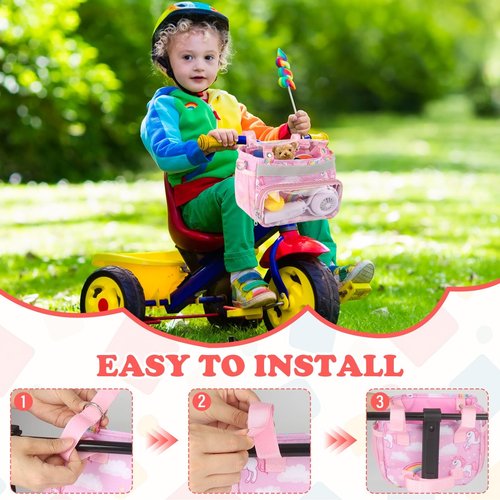 Kids Bike Scooter Front Mount Bike Basket, Pink Cute Fabric Children's Bike Rack Basket Handlebar Bag, with Adjustable Shoulder, with Reflective Safety Straps, for Bicycle Accessories Fit Most Girls