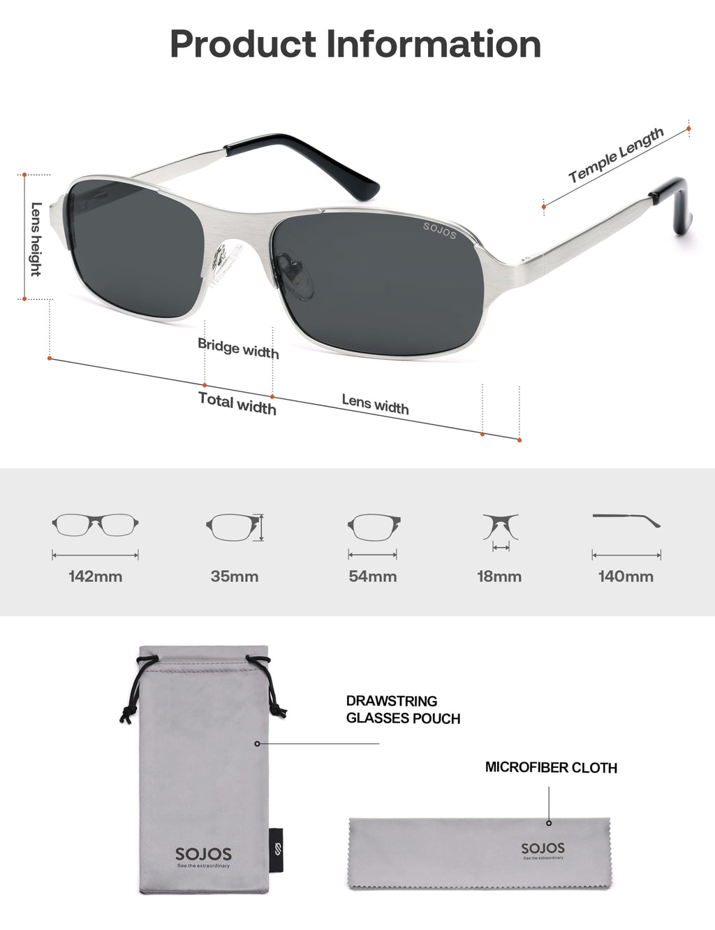 SOJOS Retro Rectangle Polarized Sunglasses for Men Women, 70s 80s Vintage Small Square Sunnies SJ1267, Brushed Silver/Grey