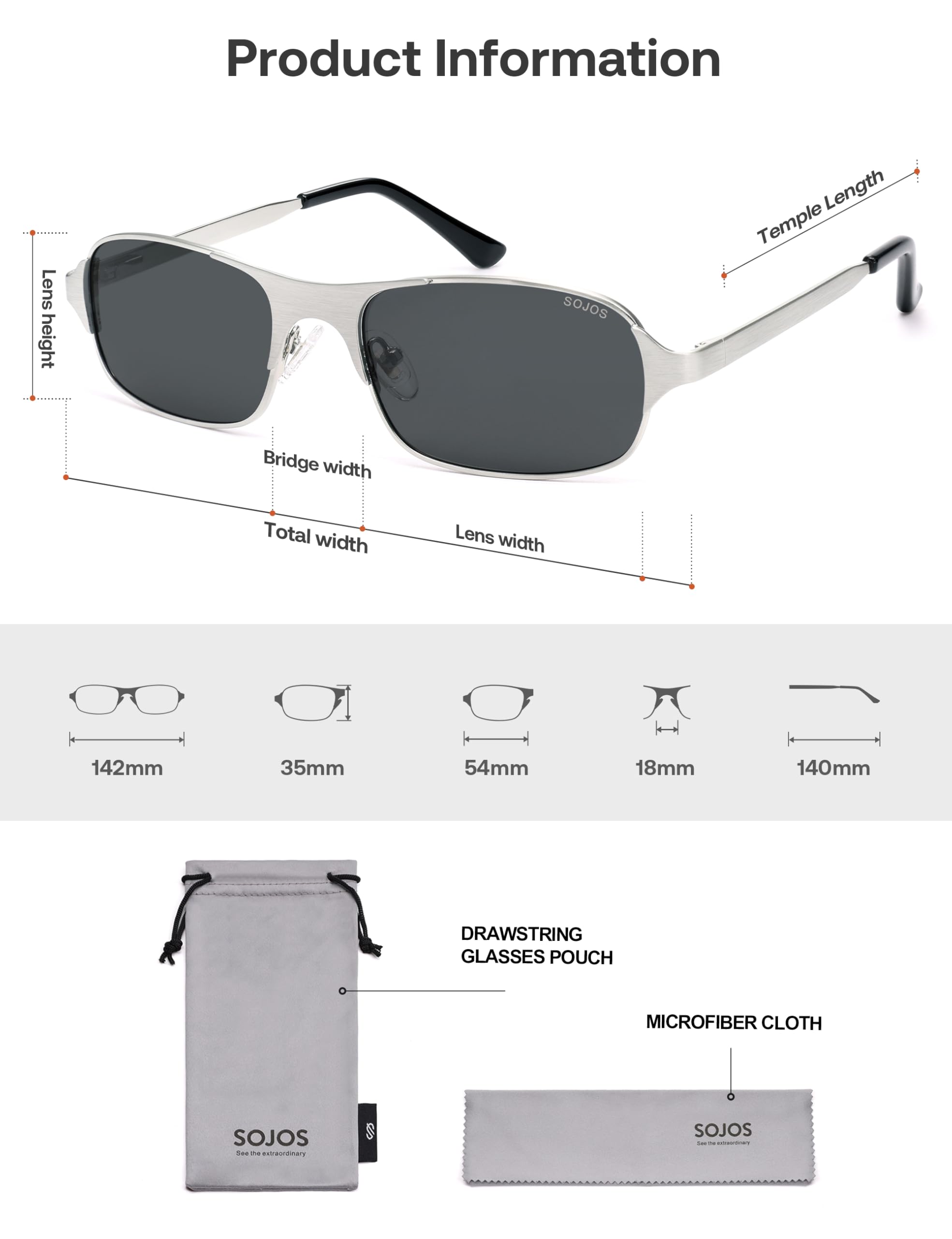 SOJOS Retro Rectangle Polarized Sunglasses for Men Women, 70s 80s Vintage Small Square Sunnies SJ1267, Brushed Silver/Grey