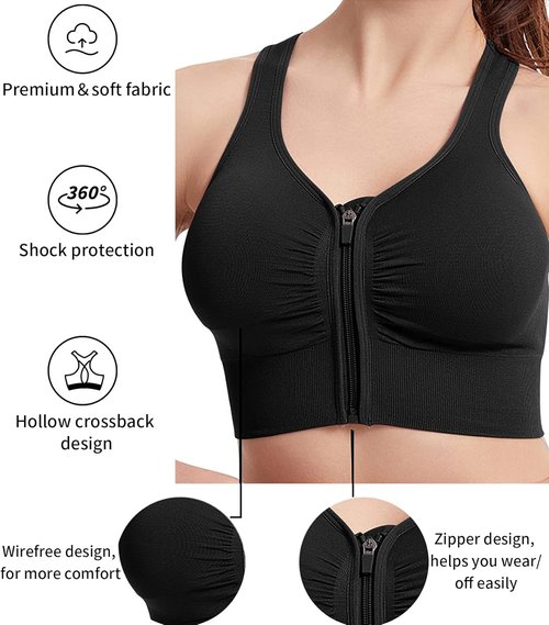 Fapreit Women's Sports Bra - Seamless Wire-Free Zip Front Closure for Post-Surgery Comfort | Padded Racerback