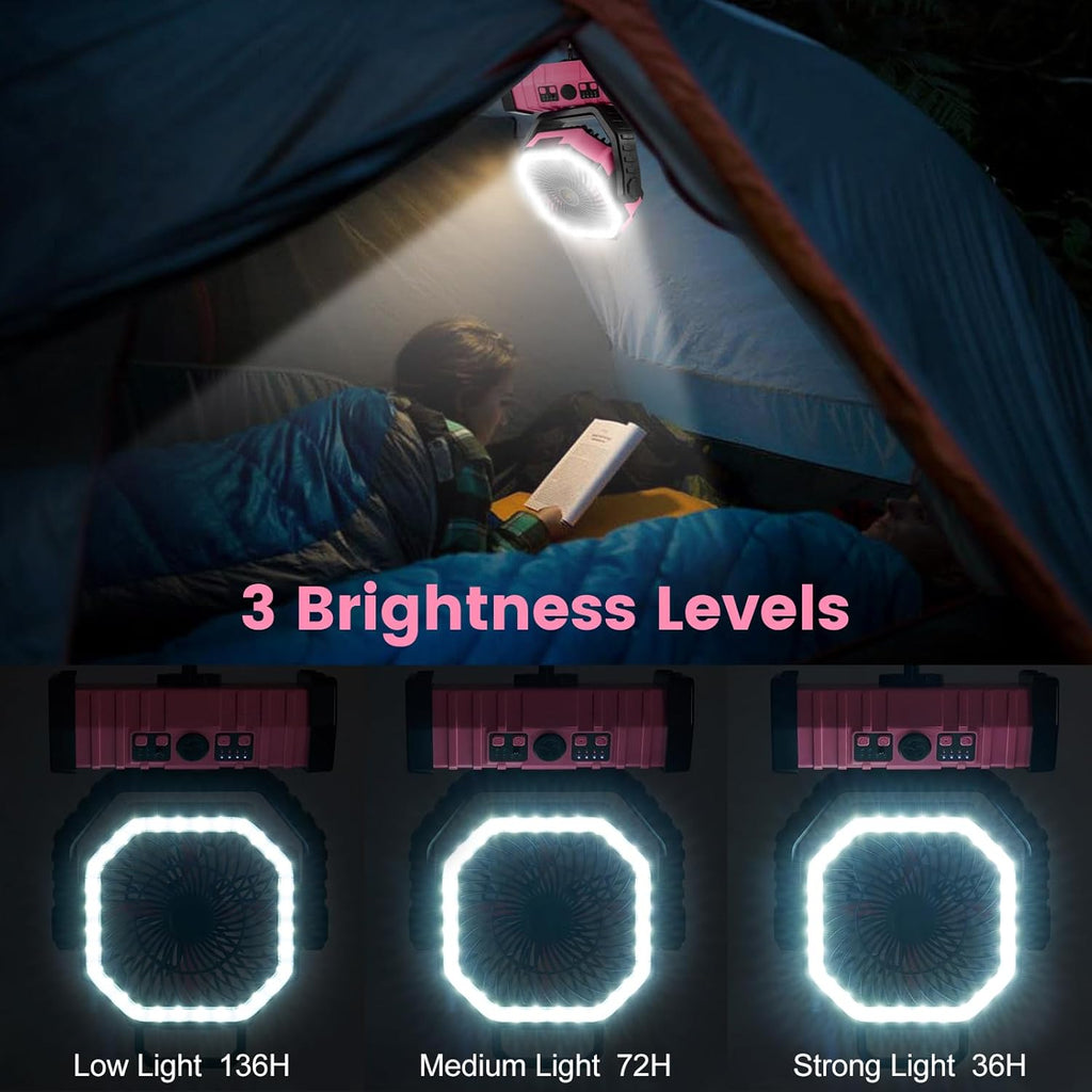 Odoland 30000mAh Camping Fan - Rechargeable LED Lantern & Oscillating Tent Fan | Portable with Remote, 4 Speeds, Pink