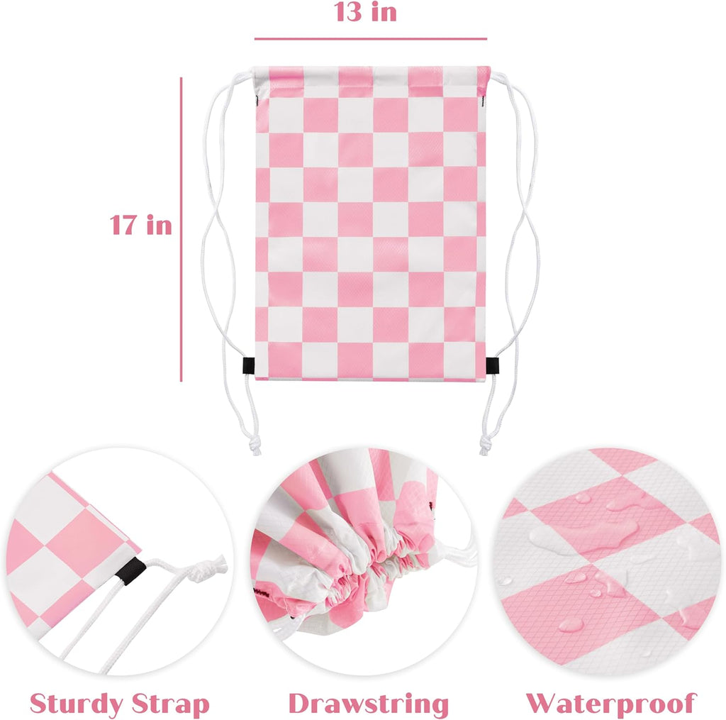 Skiennix Pink Checkered Drawstring Backpack - Cute Vintage Design | Waterproof Gym Sackpack (2 Pack)