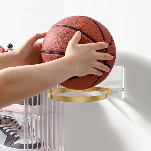 Ball Holder Wall Mount by [Brand Name] - Versatile Sports Ball Display Rack with Acrylic Base & Gold Metal Ring | Perfect for Basketball, Soccer, Football & Volleyball