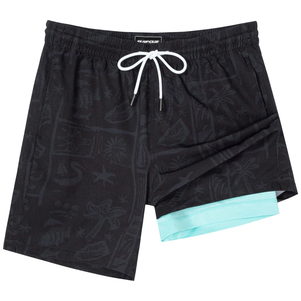 SURF CUZ Mens Swim Trunks with Compression Liner Quick Dry Swim Shorts 7" Swimming Trunks Stretch Zipper Pockets,Cool Coast,L