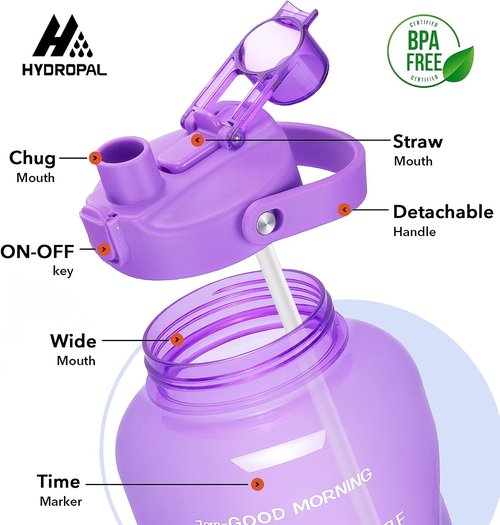 HydroPal 1 Gallon Water Bottle - BPA-Free 128 oz Gym Bottle with Straw & Motivational Time Markers | Large for Fitness & Camping (13.8 x 5.5 Inch)