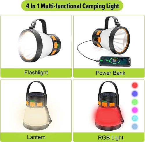 LED Camping Lantern - 1500 Lumens Rechargeable with Solar Panel | Waterproof, 8 Light Modes, 7500mAh Power Bank