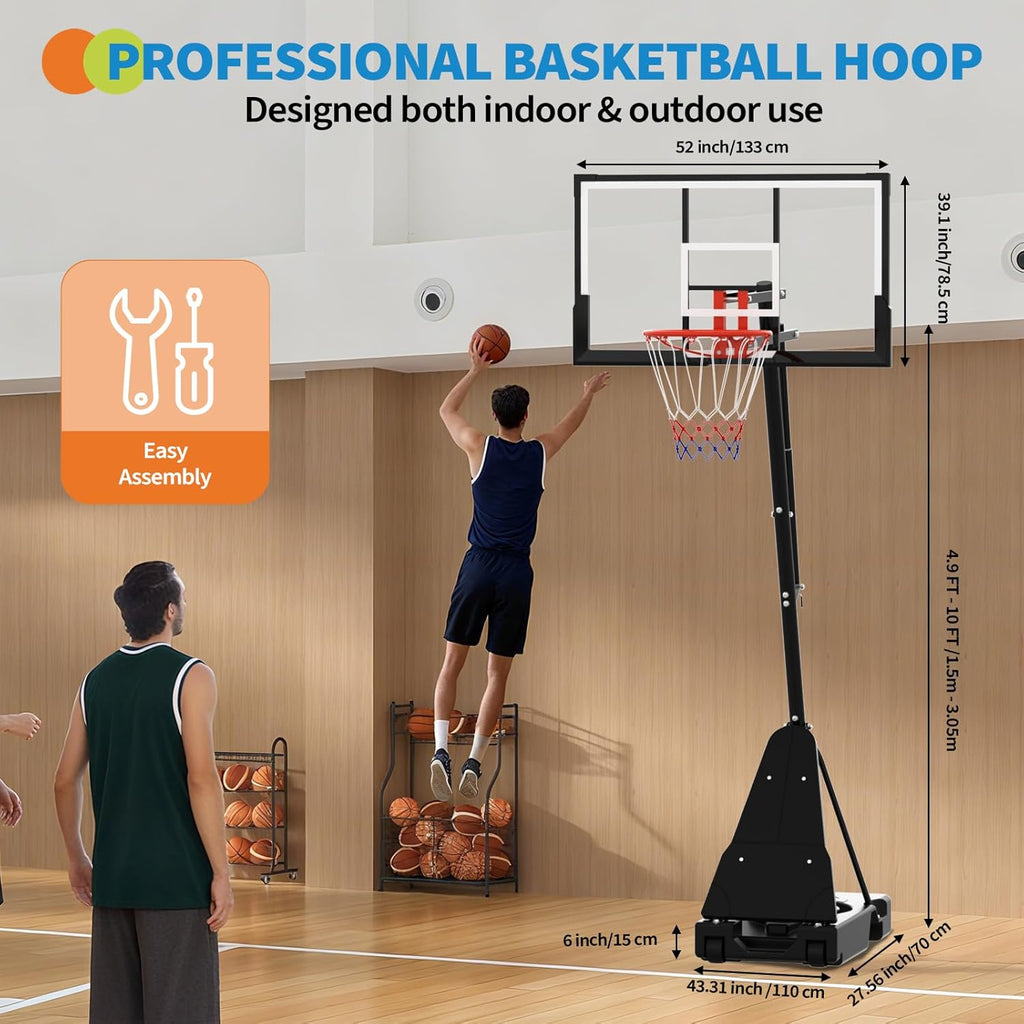 Skiennix Height Adjustable Basketball Hoop - 4.9-10FT Mobile Goal System with Weighted Base for Youth & Adults | Driveway & Backyard Play