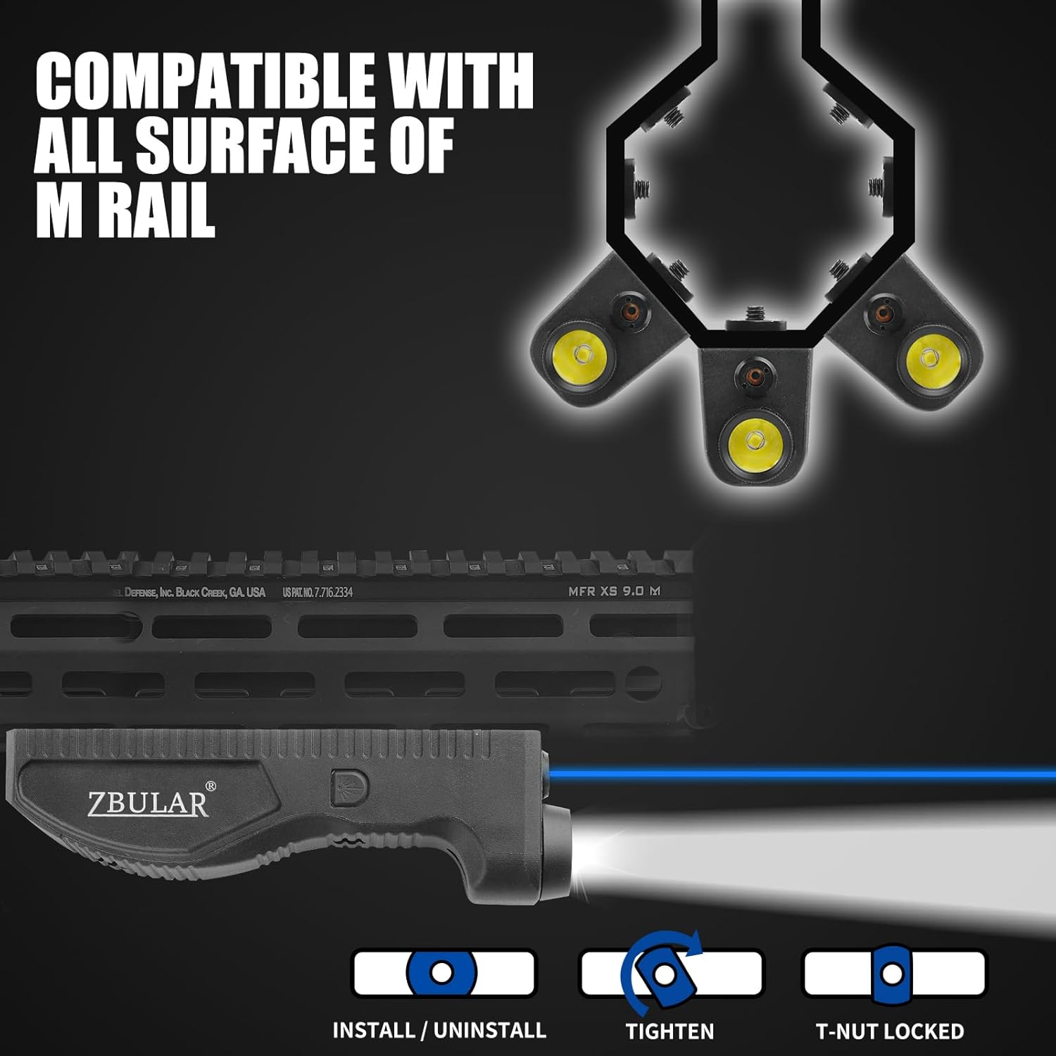 Skiennix Tactical Flashlight & Blue Laser Sight - 1650 Lumens, USB-C Rechargeable, M-Lok Compatible