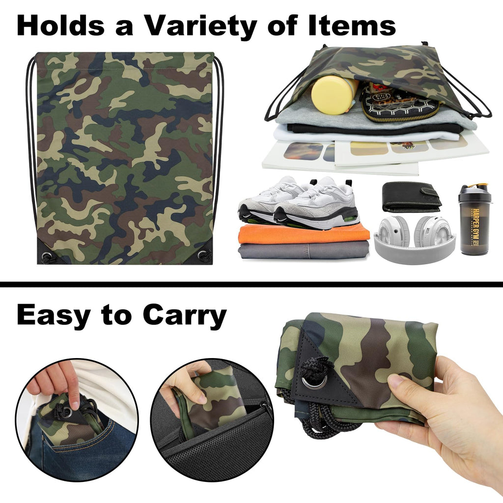 CALACH 2PCS Drawstring Bags Bulk, String Backpack for Men Women, Cinch Bag Draw String Back Bag for Gym, Sports, Travel, Swimming, Beach, Green Camo