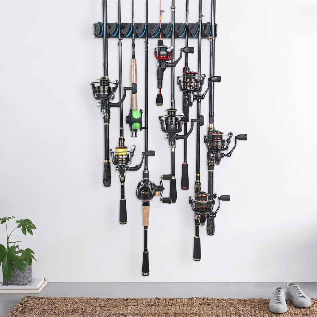 PLUSINNO Fishing Rod Rack - Wall Mounted Holder for Up to 36 Rods | 4-Pack Fishing Gear Storage