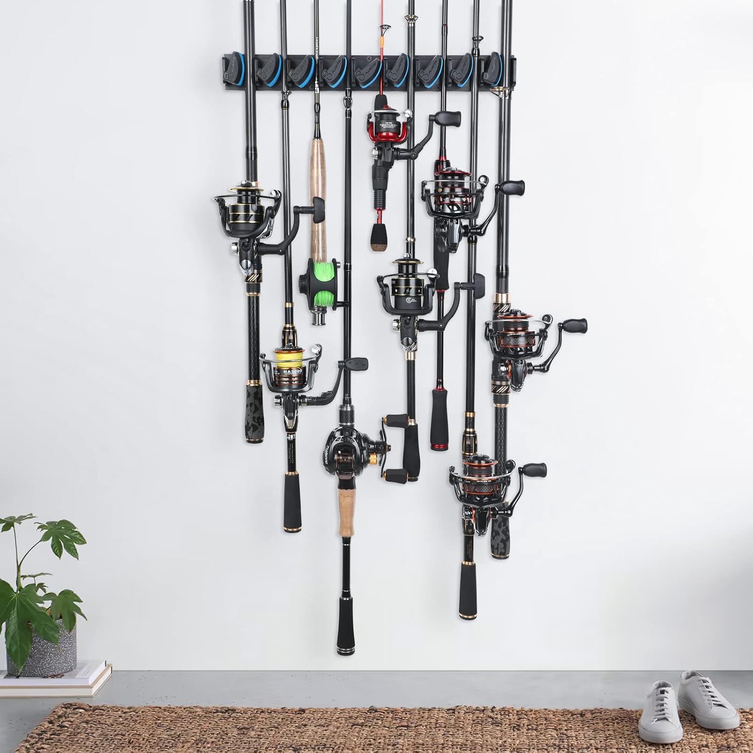 PLUSINNO Fishing Rod Rack - Wall Mounted Holder for Up to 36 Rods | 4-Pack Fishing Gear Storage