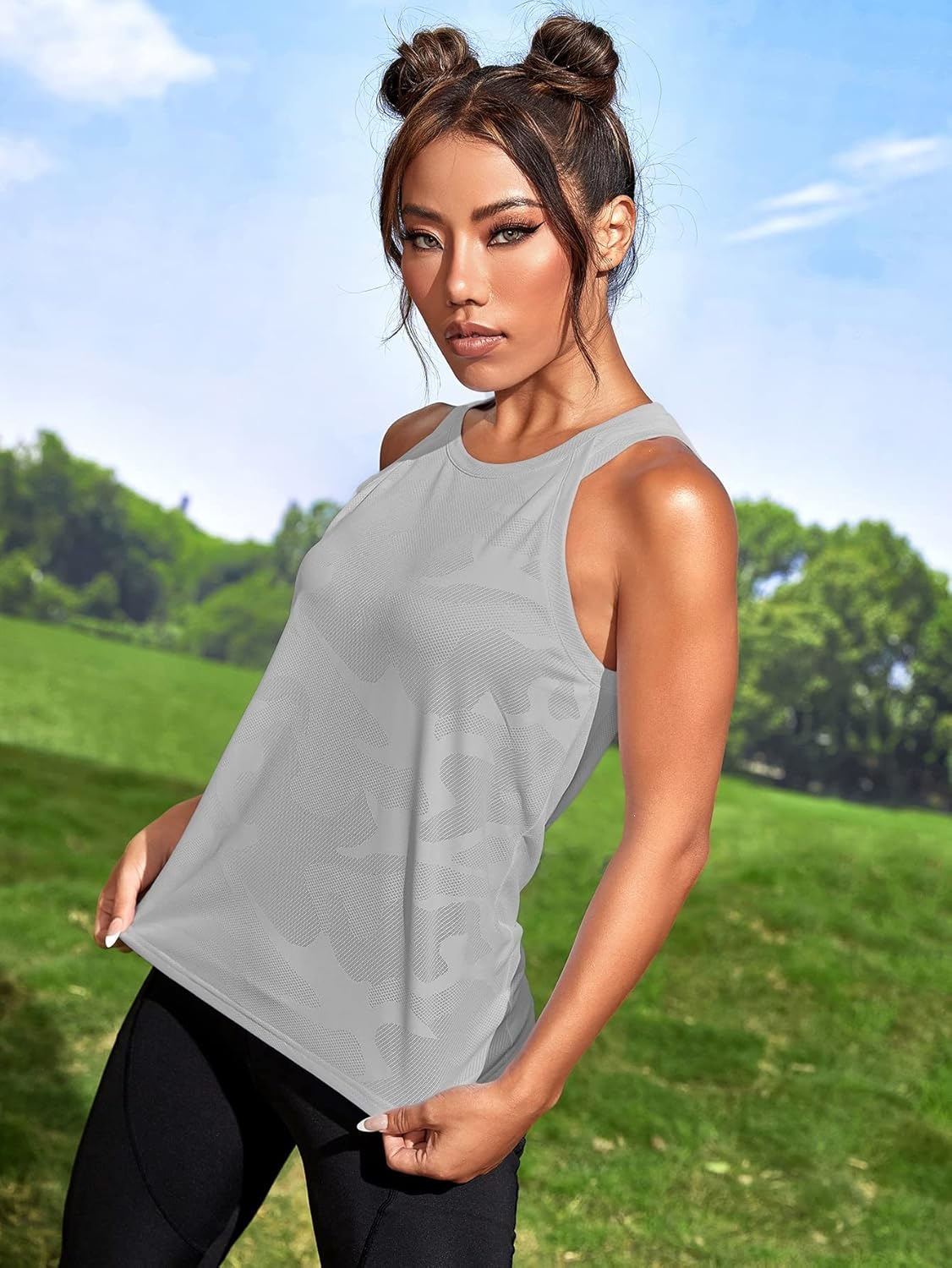 OYOANGLE Women's Camo Print Workout Tank Top - Sleeveless Active Gym Shirt for Yoga & Running