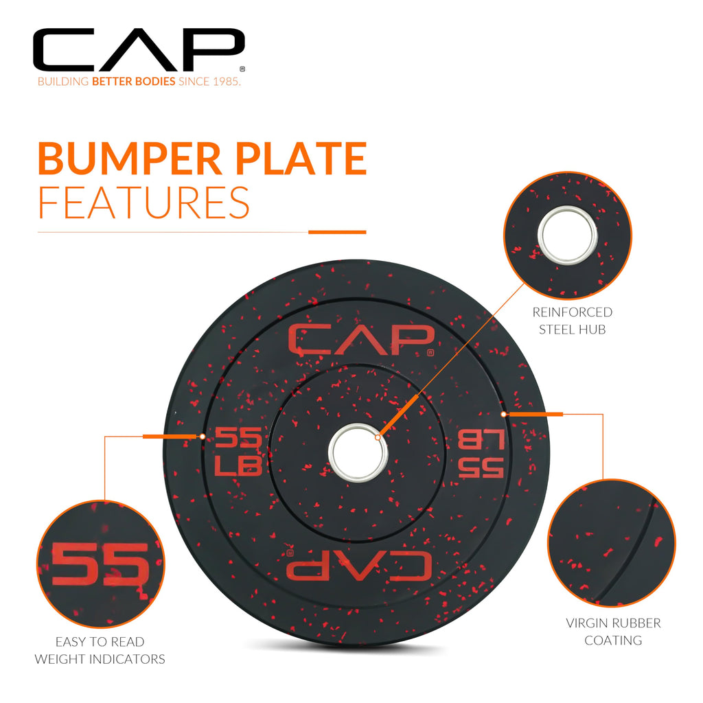 CAP 370 lb Economy Speckled Olympic Bumper Plate Set 2-Inch Olympic Plates, Medium Bounce Rubber Weight Plates with Steel Hub for Weightlifting, Strength Training & Home Gym Workouts
