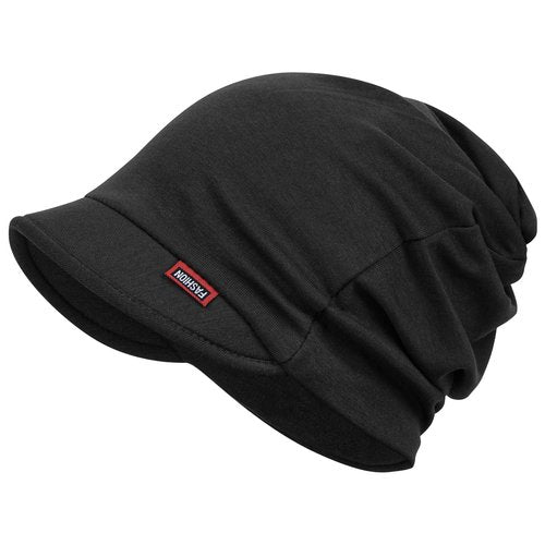 FADACHY Soft Hat for Women - Double-Layer Slouchy Beanie Cap Fashion Visor Hats, Autumn Spring Skull Cap with Brim/Ponytail Hole, Running Hat Black