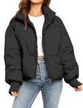 MaShinequang Womens Cropped Black Puffer Jacket Zip Up Quilted Padded Coat Outwear with Pockets (Black, Medium)