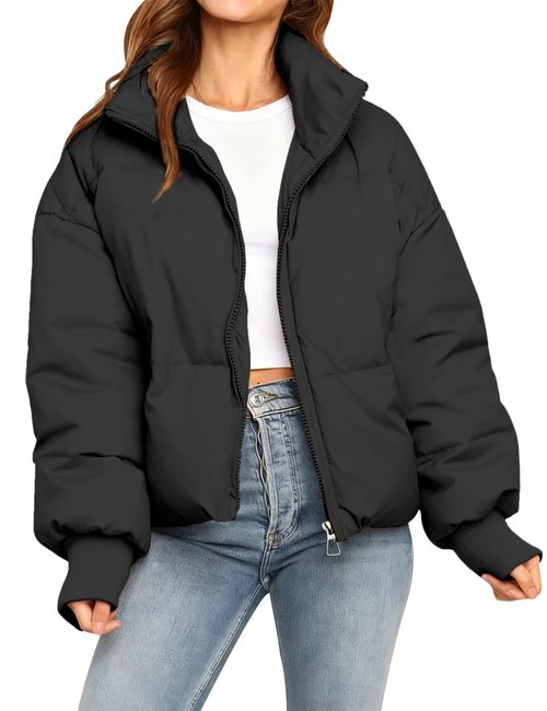 MaShinequang Womens Cropped Black Puffer Jacket Zip Up Quilted Padded Coat Outwear with Pockets (Black, Medium)