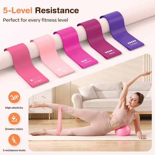 Vanlgs Pilates Kit 13Pcs Home Pilates Essentials Workout Kit with 13" Ring, 10" Ball and Resistance Bands for Women at Home Pilates Equipment Set for Beginners（Pink）