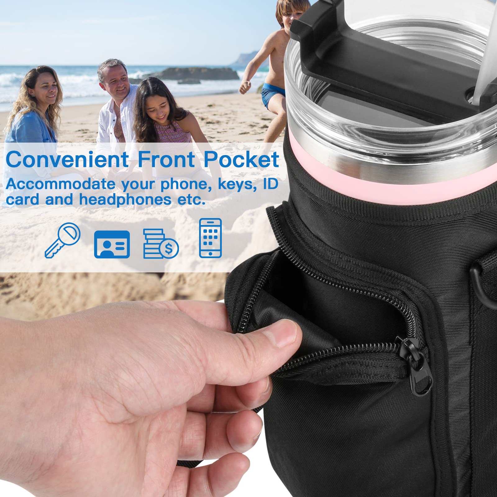 Xxerciz Water Bottle Carrier Bag with Phone Pocket for Stanley 40oz Tumbler with Handle, Water Bottle Holder Pouch with Adjustable Strap, Stanley Cup Accessories for Hiking Travelling Camping