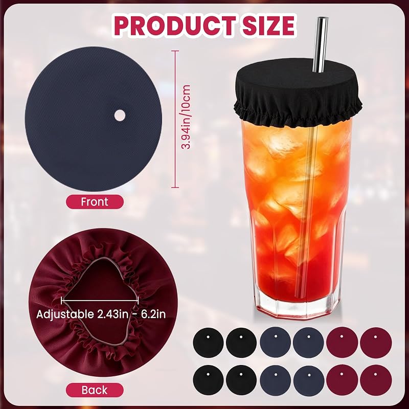 Reusable Scrunchie Drink Covers 12Pcs with Straw Hole – Dark Colors (Black, Navy, Dark Red) for Cups & Glasses