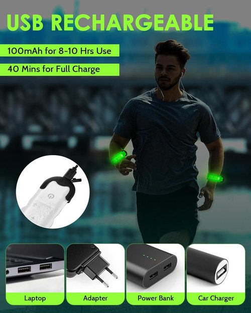 Fitense Rechargeable LED Armband 2-Pack, High Visibility Running Gear for Night Safety, 5 Colors & 3 Modes Light Up Wristbands for Night Walking, Cycling, Gift for Women Men Kids
