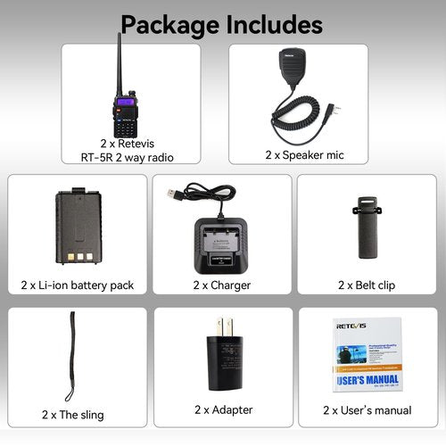 Retevis RT-5R 2 Way Radio Long Range,Walkie Talkies with Shoulder Mic,Dual Band,128CH,Handheld Ham Emergency Radios,1400mAh Rechargeable Two Way Radios,for Hunt Hiking Snowstorm Off-Grid Use(2 Pack)
